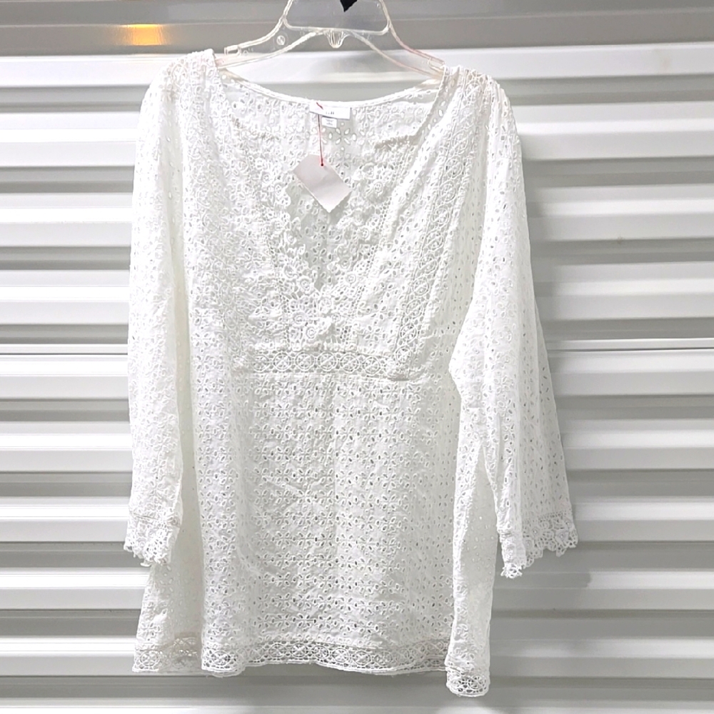 J Jill Eyelet Tunic Blouse Pullover Size L White V-Neck 100% Cotton beachcore